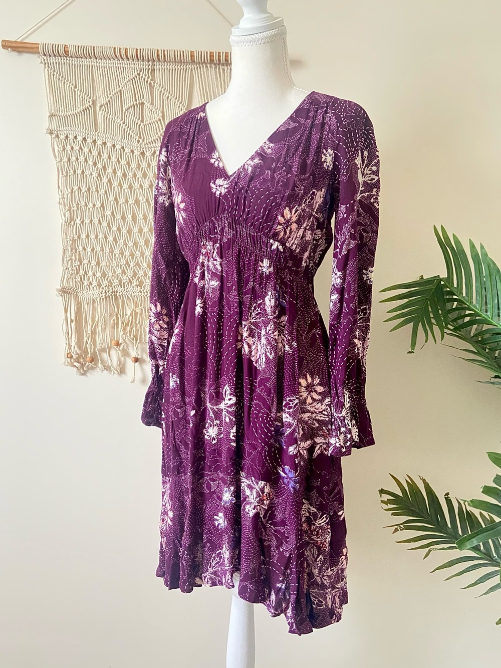 Anthropologie Maeve Monaco Floral Ruffle Mini Long Sleeve Dress Purple XXSP